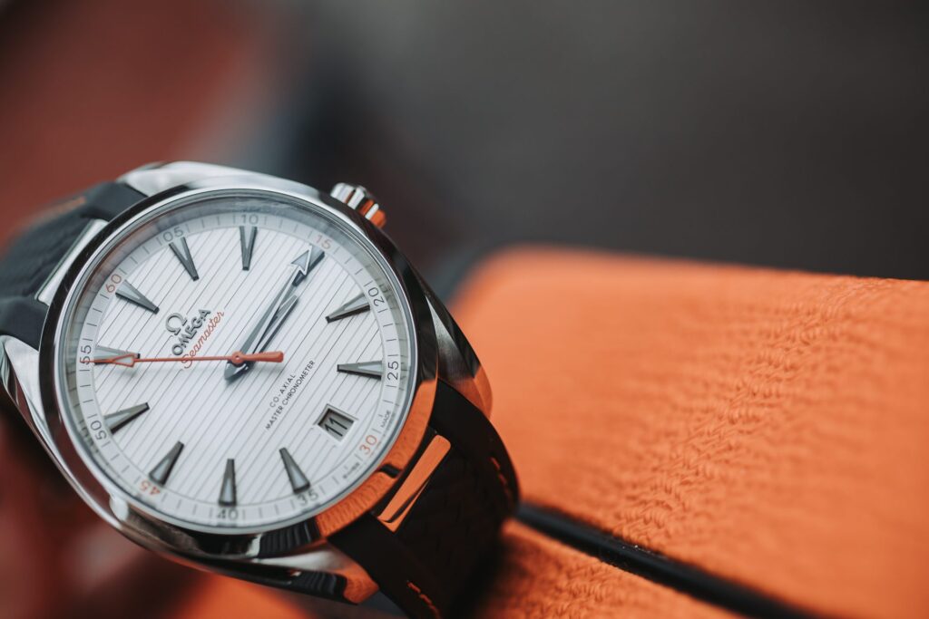 OMEGA Aqua Terra White Watch on Orange amplifier