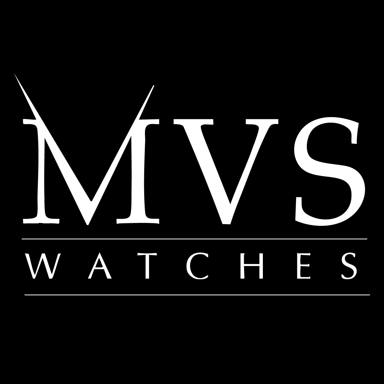 MVS Watches Logo in white on black background