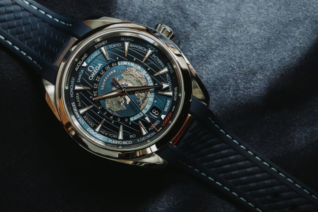 OMEGA Aqua Terra Worldtimer dial showing city ring and 24-hour disc | How to Use the OMEGA Aqua Terra Worldtimer
