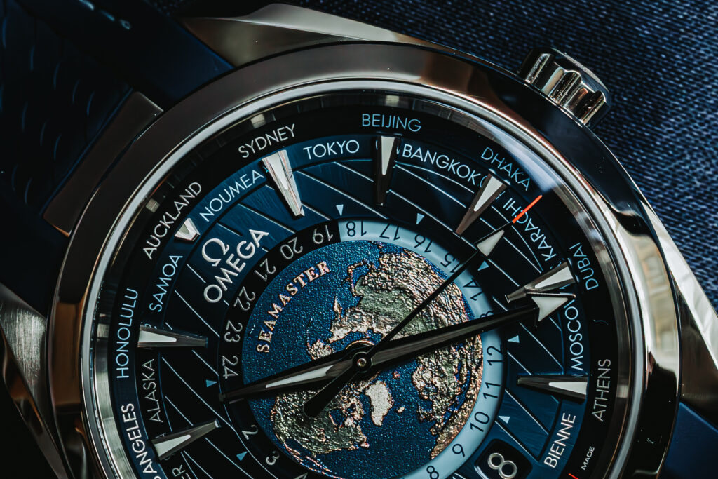 OMEGA Aqua Terra Worldtimer blue dial close-up
